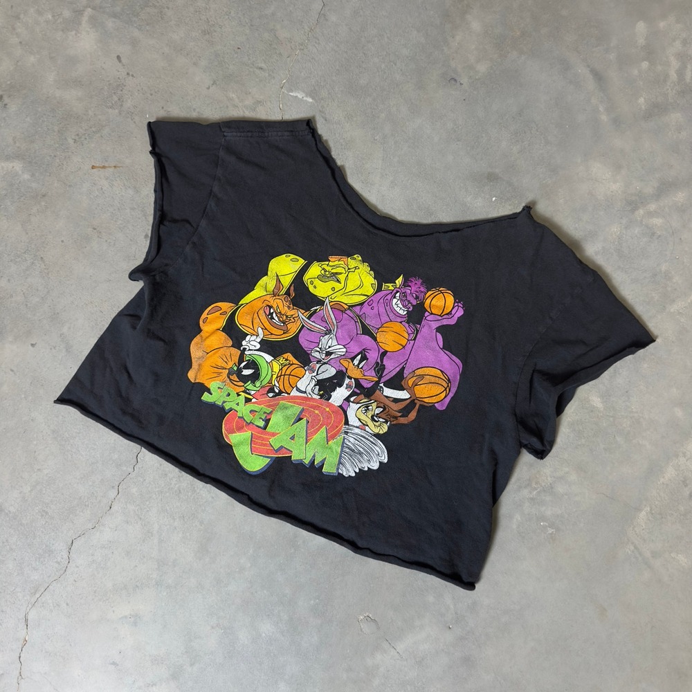 Vintage Space Jam Graphic Crop Top Womens‎ XL Black 90s Movie Streetwear Tee